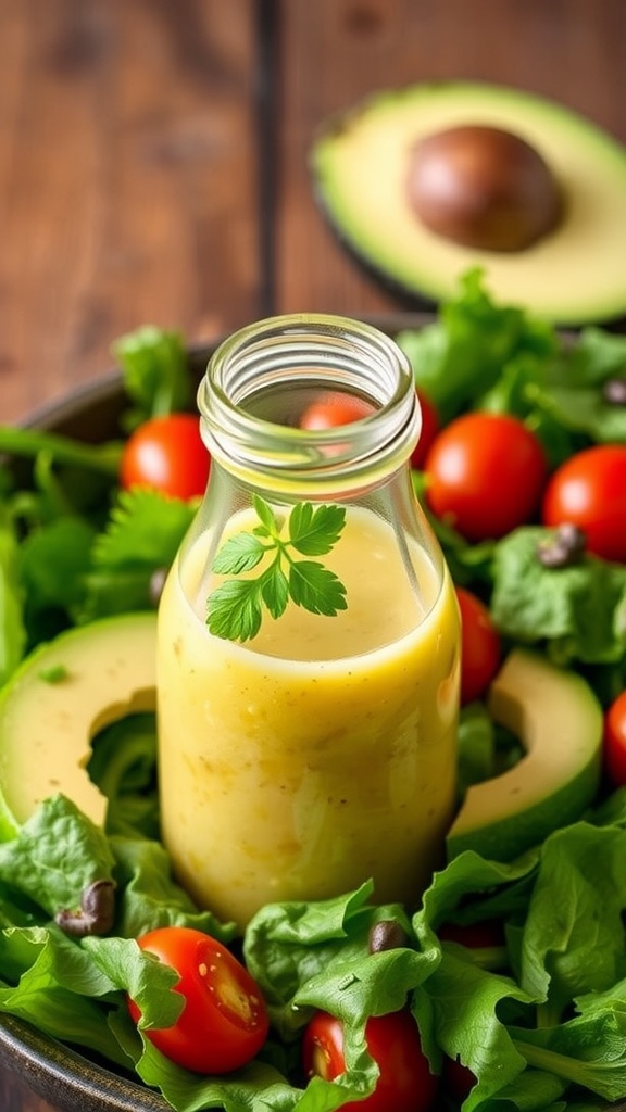 A jar of garlic vinaigrette dressing beside a salad of mixed greens, tomatoes, and avocado.